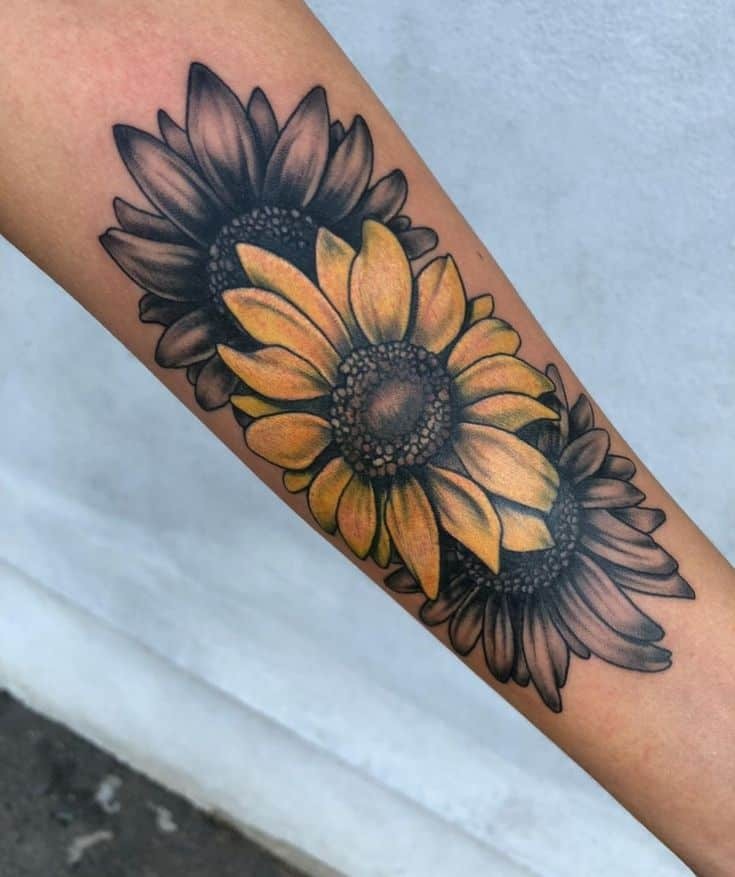 Color Sunflower with Pair of Grayscale Sunflowers Tattoo Design