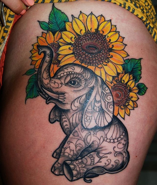 Decorative Elephant Tattoo with Three Sunflowers Tattoo Design