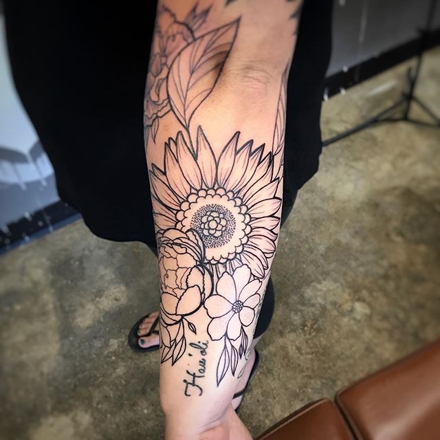 Floral Blend Outline Tattoo with Sunflower Tattoo Design