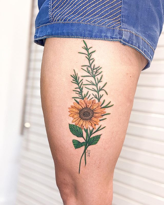 Fresh Sunflower Tattoo with Foliage Background Tattoo Design