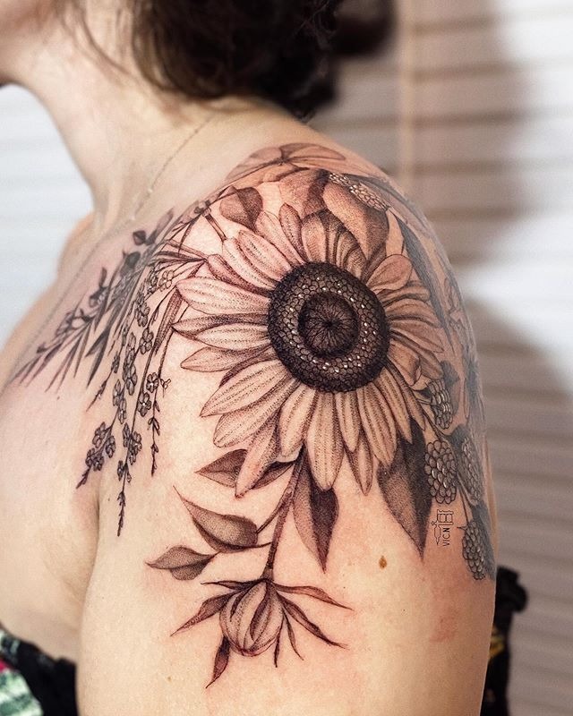 Giant Sunflower Shoulder Tattoo in Grayscale Tattoo Design