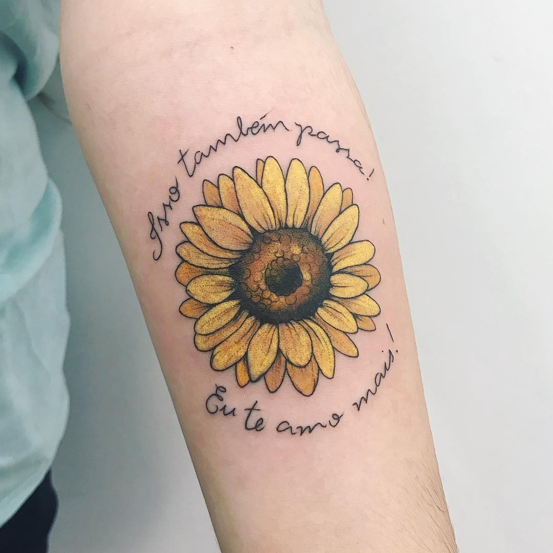 Golden Sunflower Tattoo Encircled by Script Tattoo Design