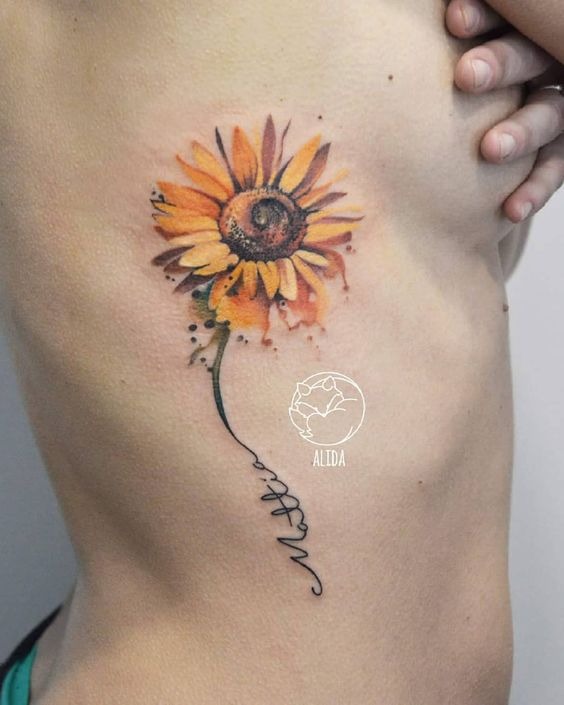 Golden Sunflower Tattoo with Script Signature Tattoo Design