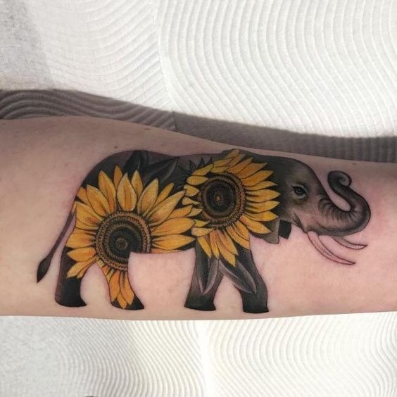 Ornate Sunflowers Painted on Elephant Tattoo Tattoo Design