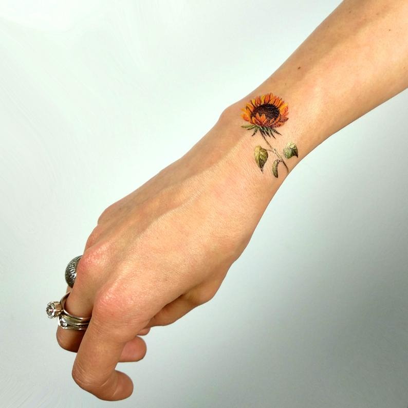 Realistically Colored Sunflower Wrist Tattoo Tattoo Design