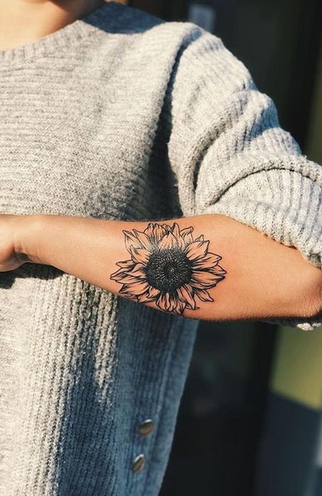 Strong Sunflower Tattoo in Black and White Tattoo Design