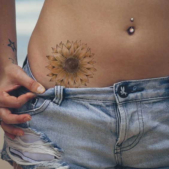 Sunflower Hip Tattoo with Layered Petals Tattoo Design