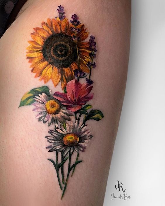 Vibrant Bouquet of Daisies and Sunflower Tattoo Tattoo Design