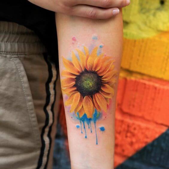 Watercolor Art Sunflower Tattoo with Blue Splash Tattoo Design