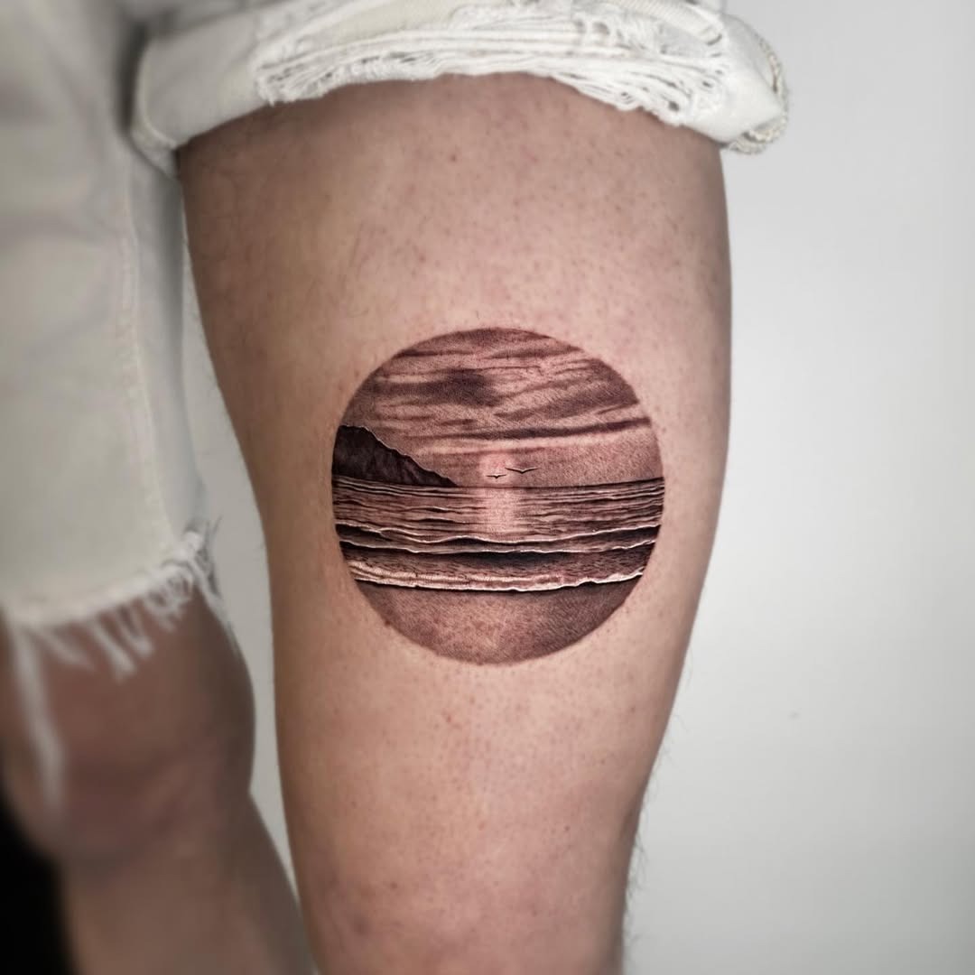 Stunning sunrise tattoo capturing ocean tranquility Tattoo Design