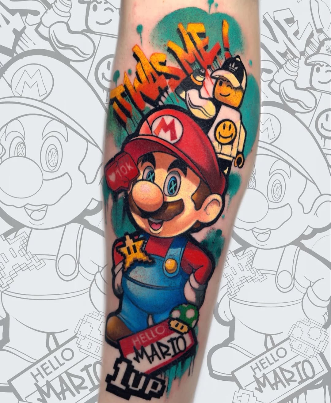 A vibrant Luigi haunted by a ghost Tattoo Design