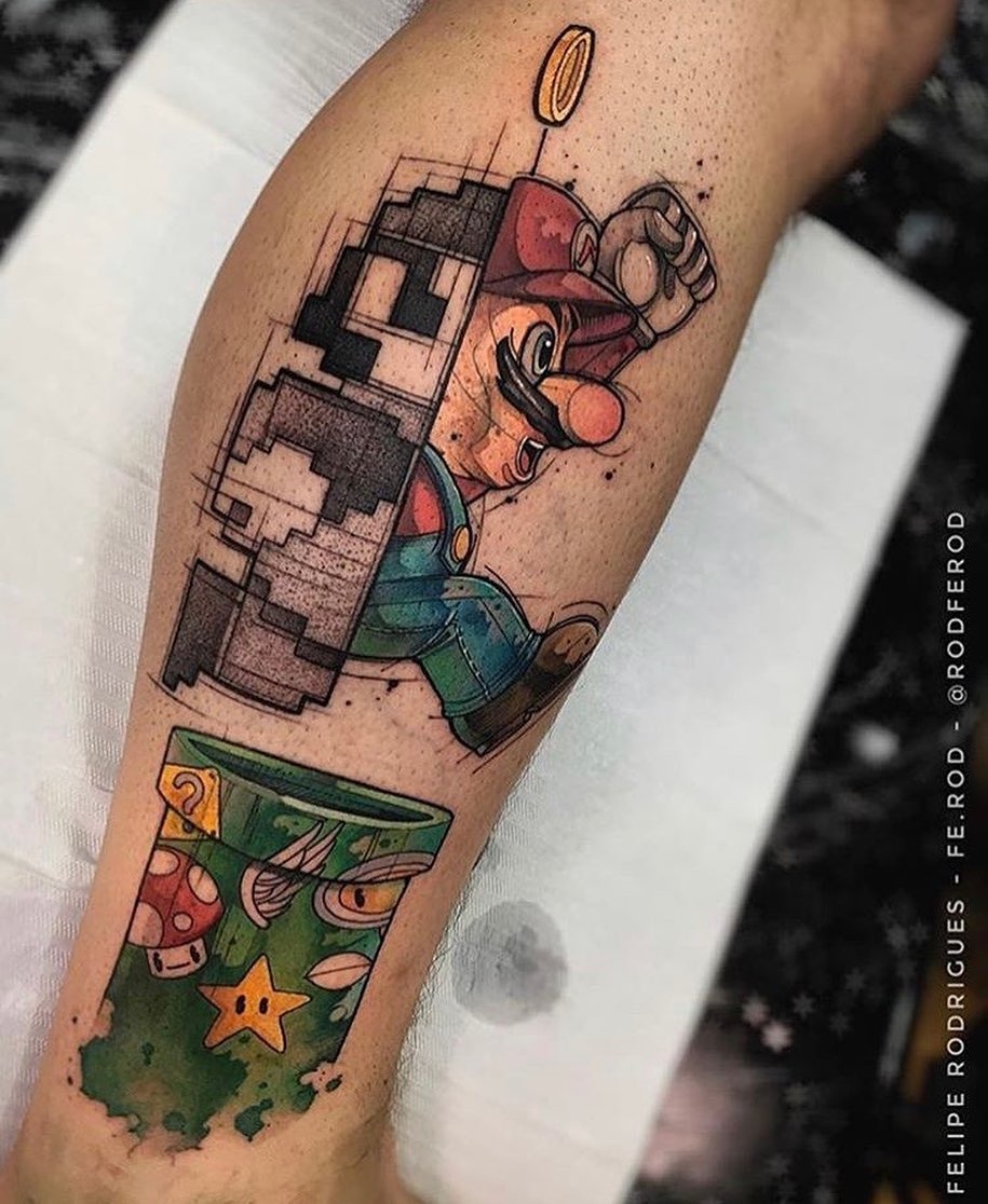 Dynamic Super Mario Tattoo with Game Over Theme Tattoo Design