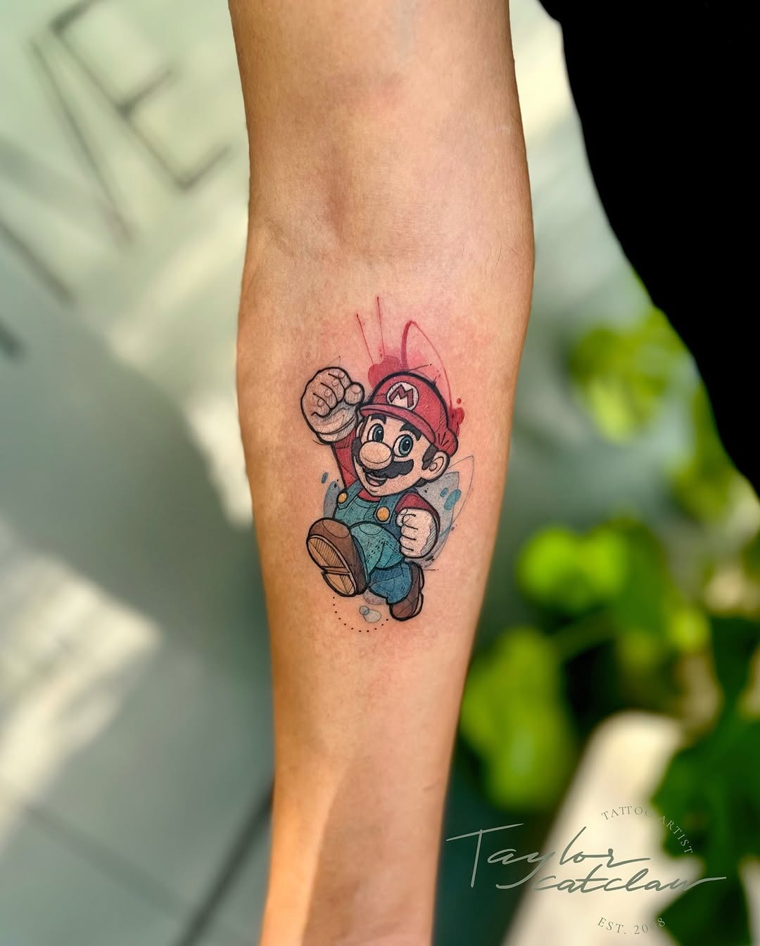 Playful Mario Tattoo in Mid-Run Action Tattoo Design