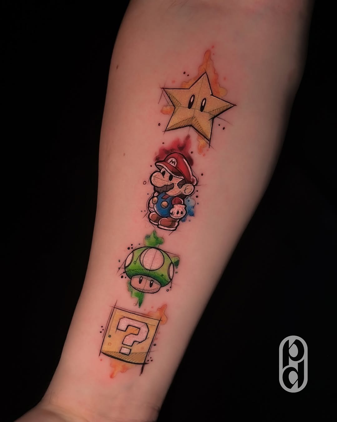 Playful Mario-themed leg tattoos for fans Tattoo Design