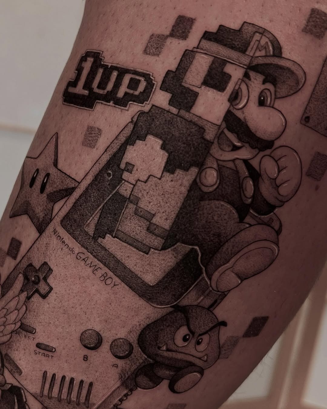 Retro Mario Tattoo with Classic Gameboy Art Tattoo Design