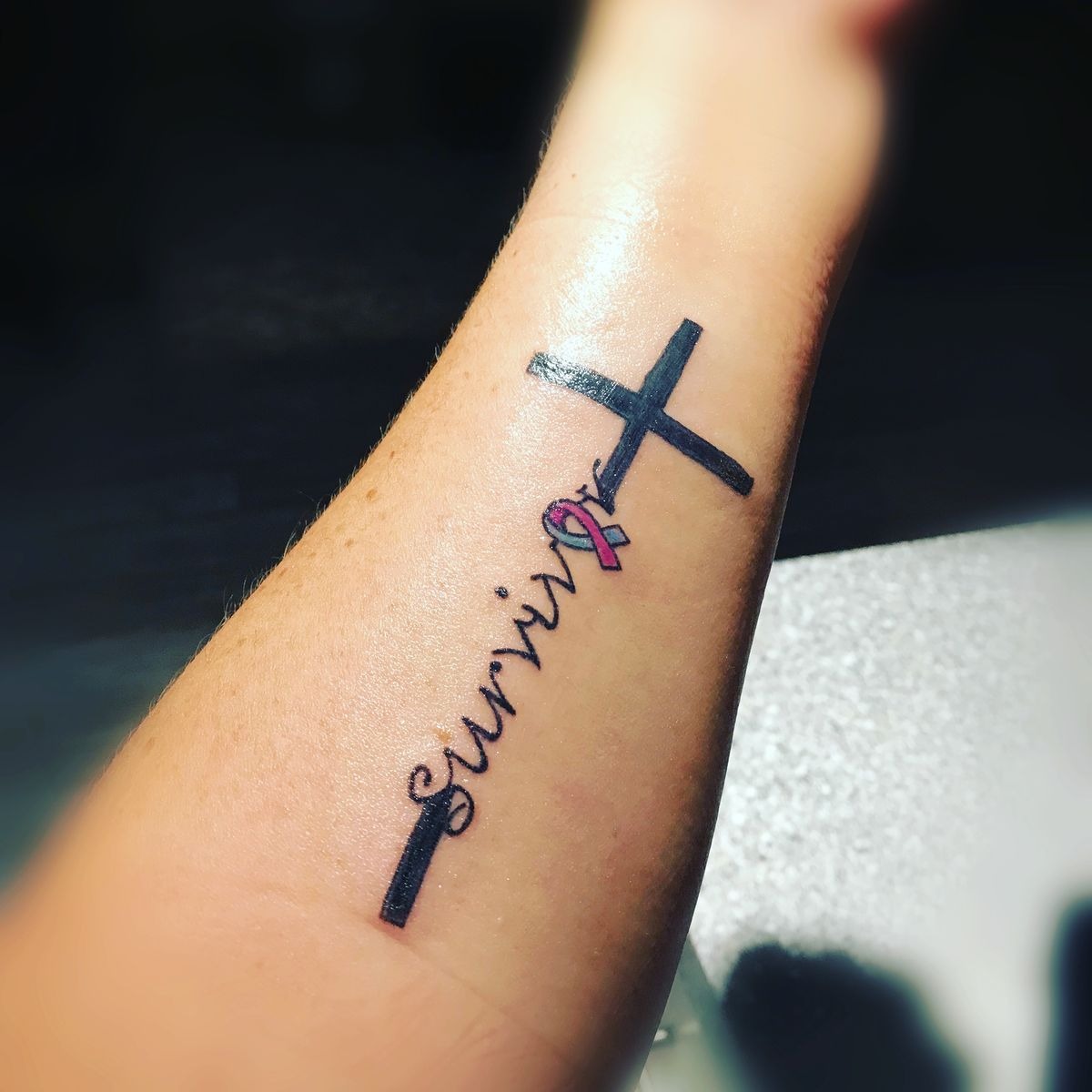 Cross and Ribbon Survivor Faith Tattoo Tattoo Design