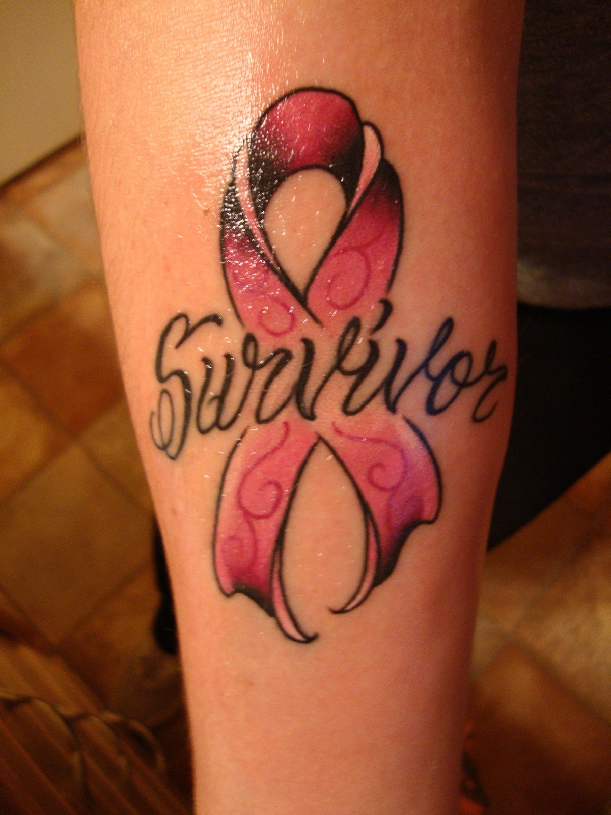 Pink Ribbon Survivor Tattoo with Decorative Flourish Tattoo Design