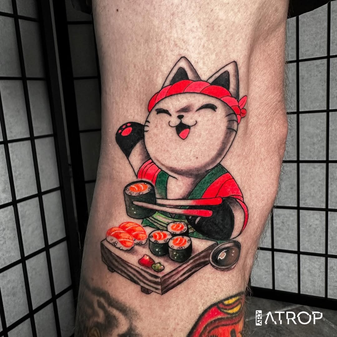 Adorable sushi cat tattoo with playful vibe Tattoo Design