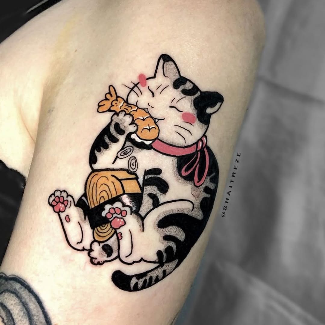 Playful cat enjoying sushi tattoo art Tattoo Design