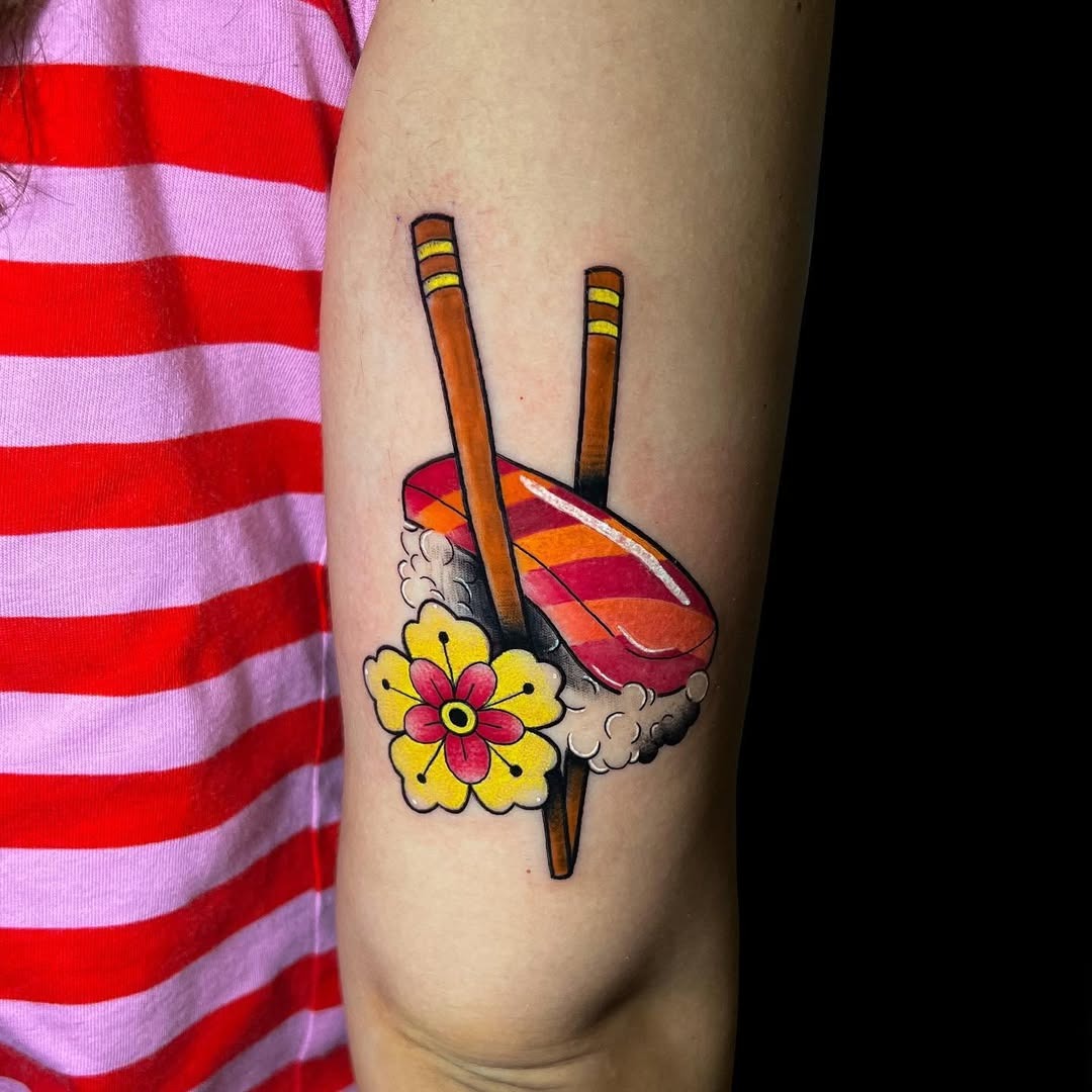 Vibrant Sushi and Flower Tattoo Piece Tattoo Design