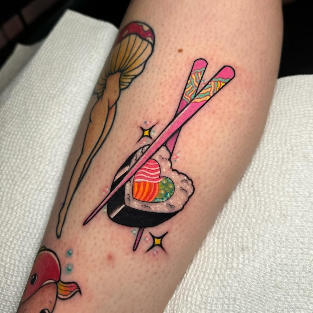 Vibrant sushi tattoo with cute chopsticks Tattoo Design