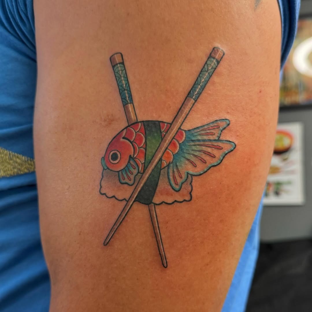 Vibrant sushi tattoo with fish and chopsticks Tattoo Design