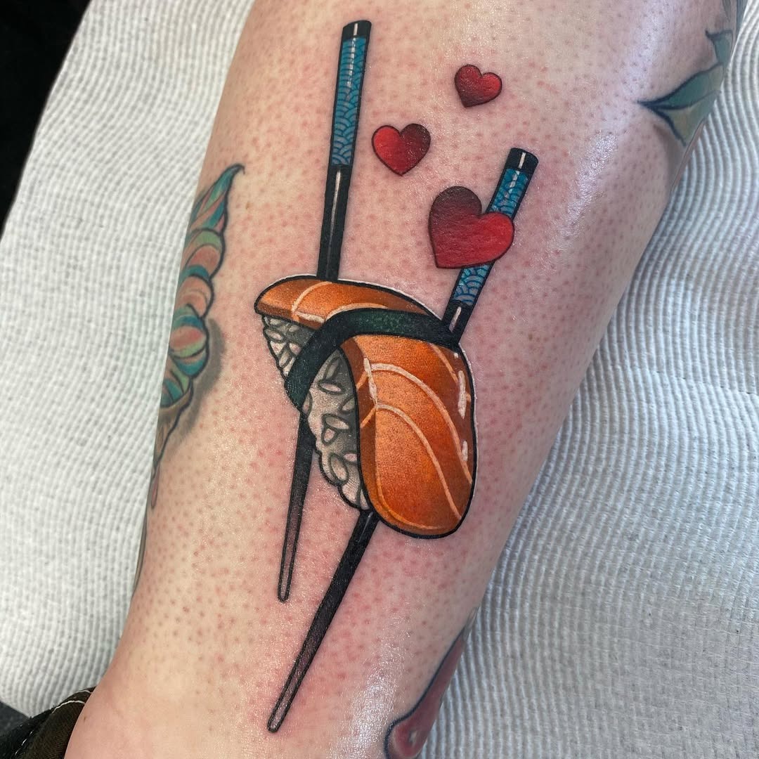 Vibrant sushi tattoo with love elements Tattoo Design