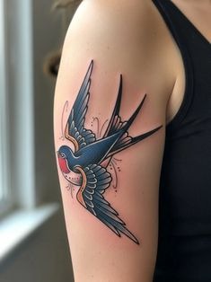 Blue Traditional Swallow With Red Accents Tattoo Design