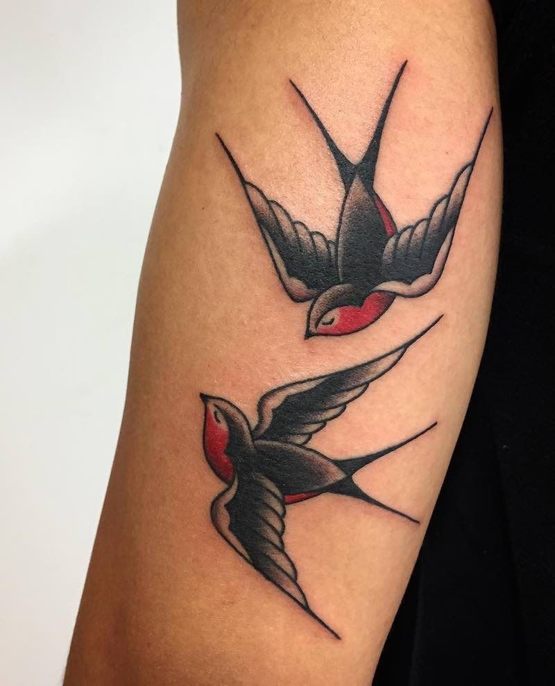 Classic Red and Black Traditional Swallows Tattoo Design