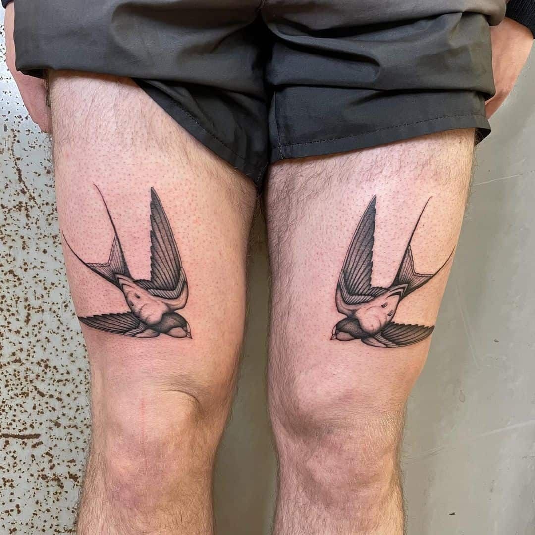 Matching Swallows Above Both Knees Tattoo Design