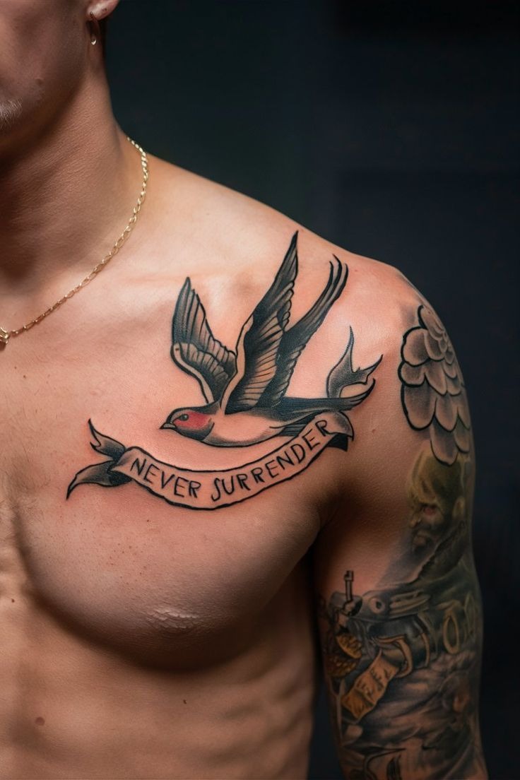 Swallow With Never Surrender Banner Tattoo Design