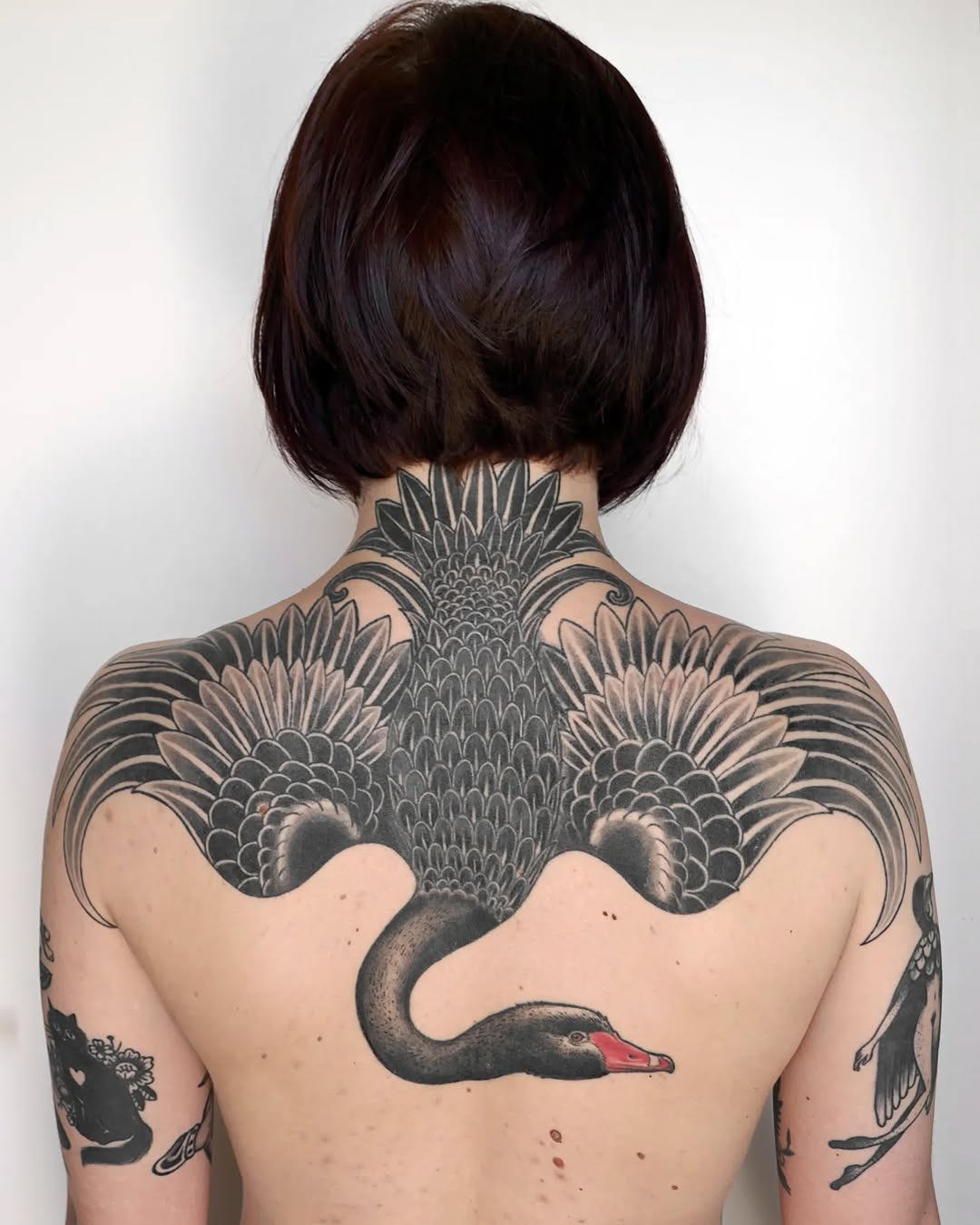 Elegant black and grey swan tattoo back piece Tattoo Design
