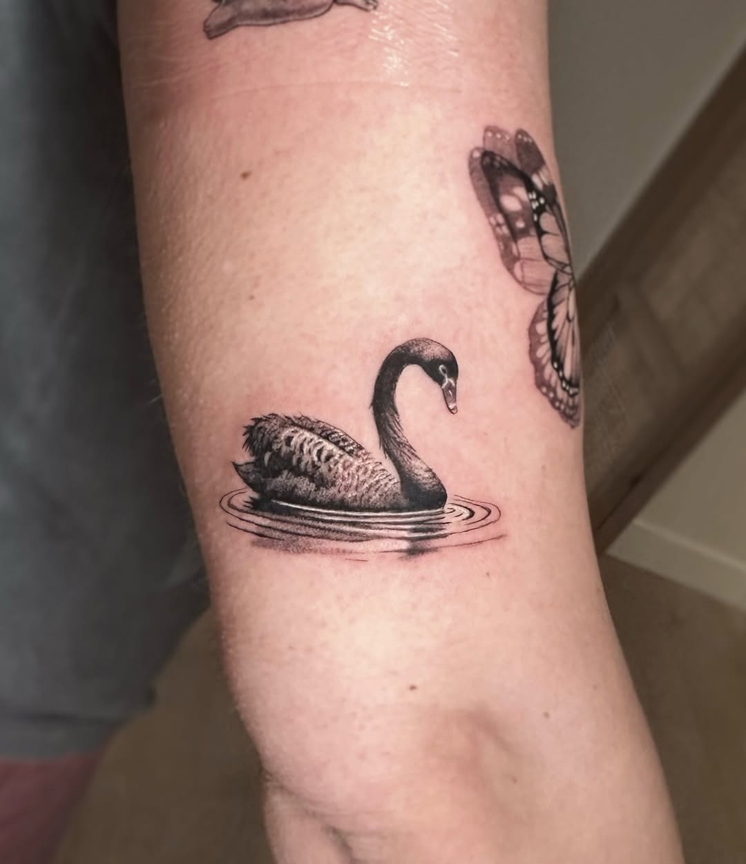 Intricate black and gray swan tattoo on arm Tattoo Design