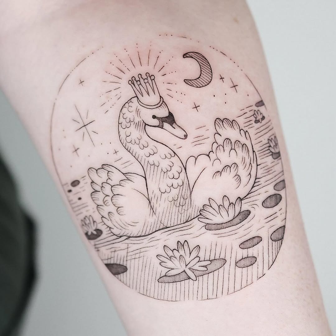 Regal swan tattoo surrounded by serene elements Tattoo Design