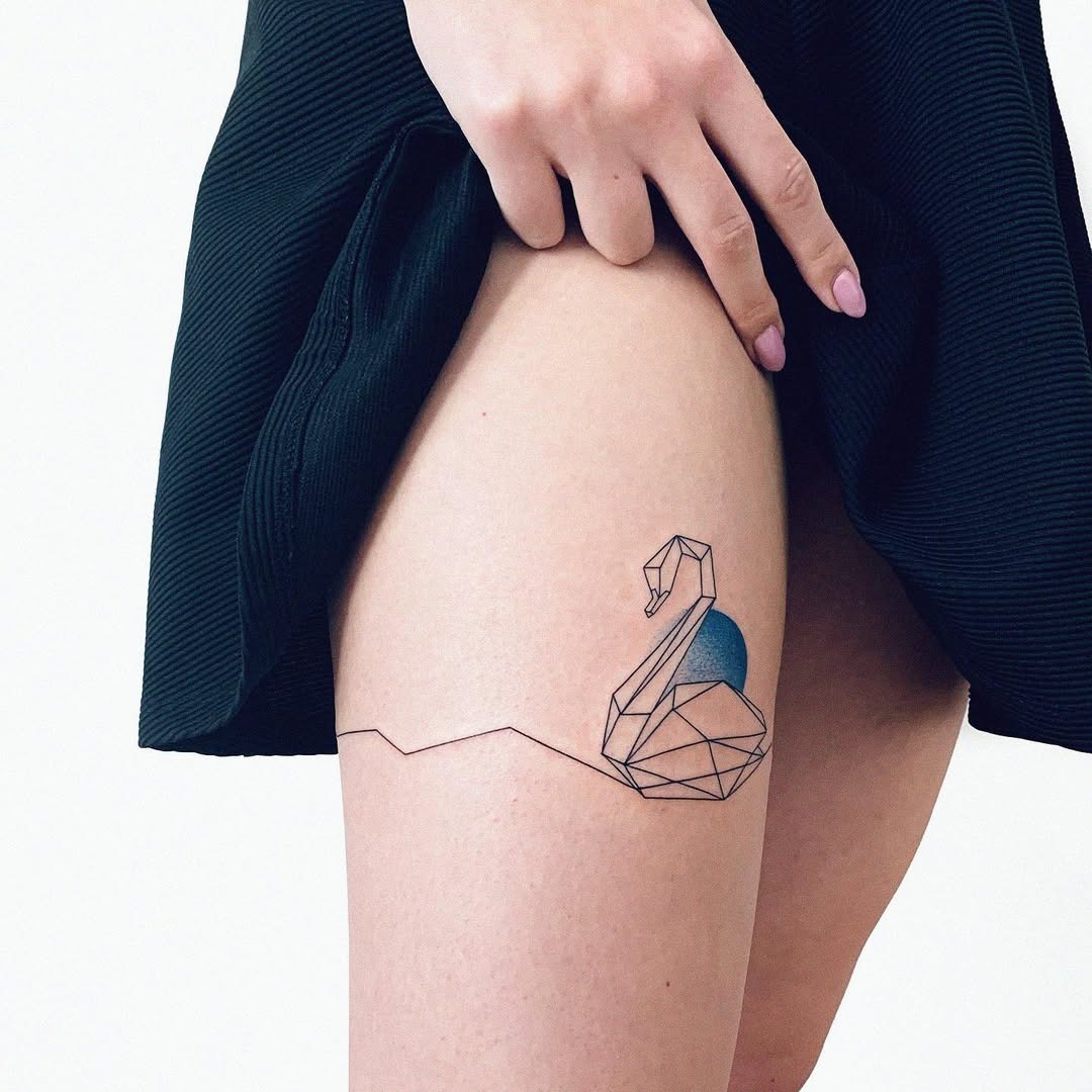 Stylish geometric swan tattoo on thigh Tattoo Design