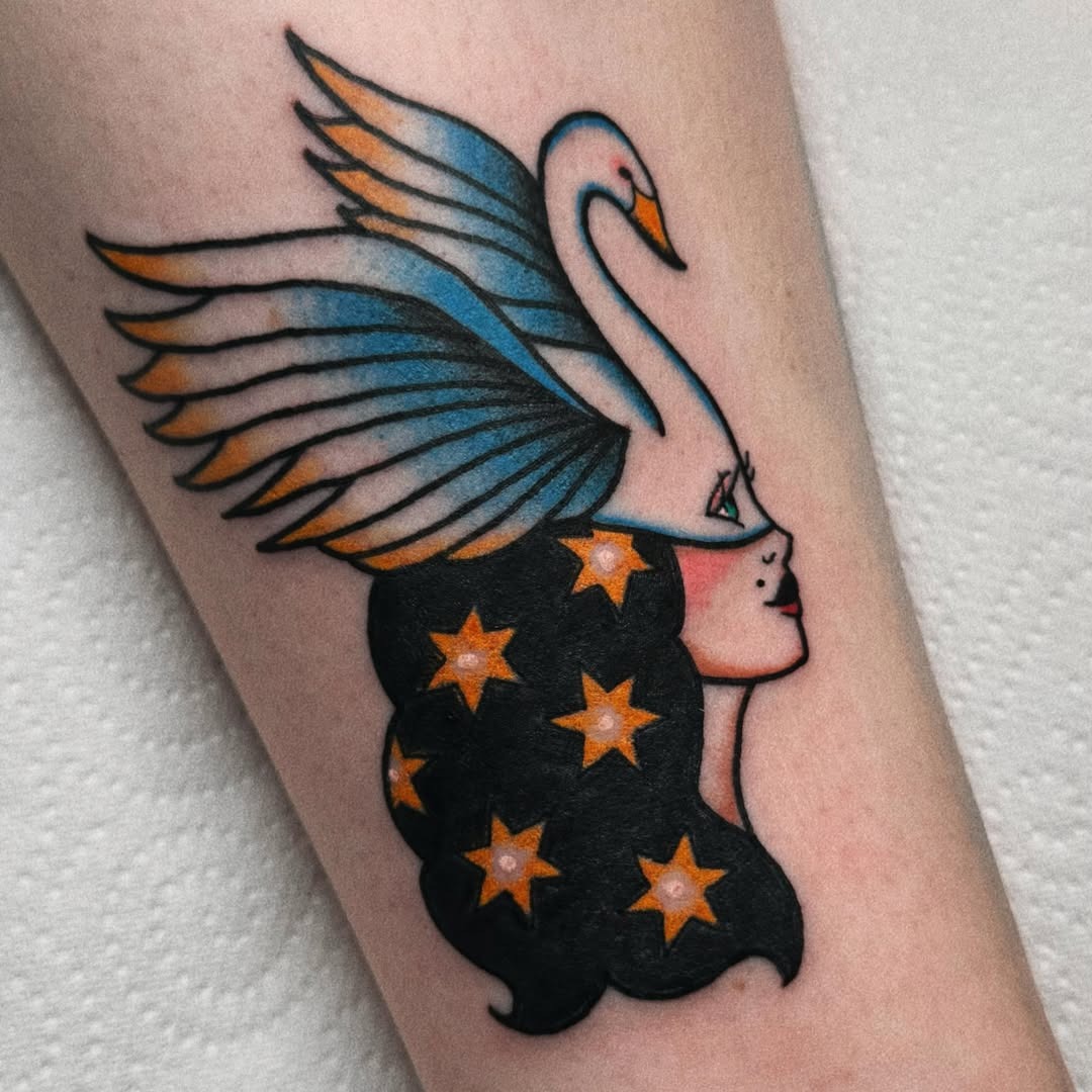 Stylish swan-themed tattoo with a feminine touch Tattoo Design