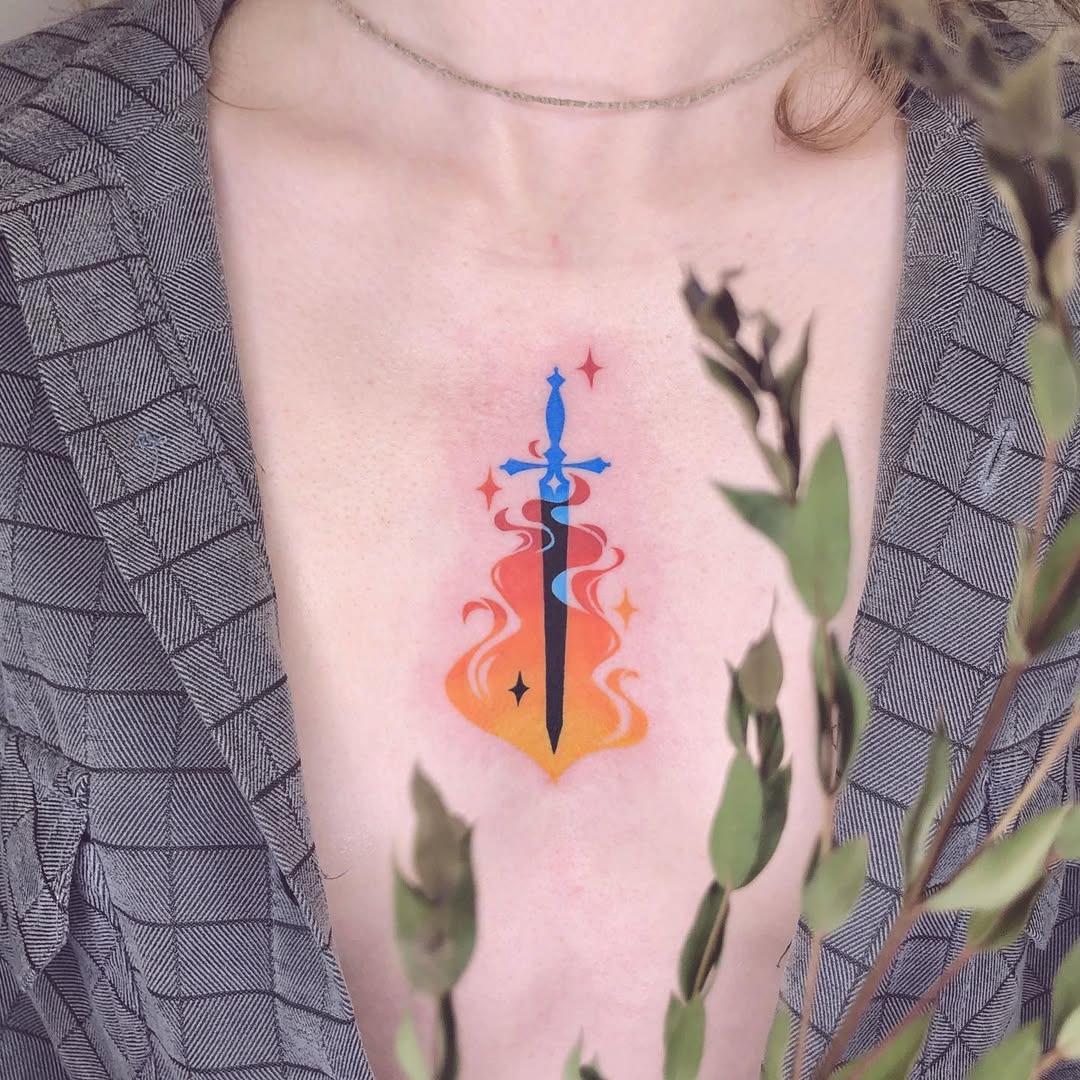 Vibrant sword tattoo surrounded by fiery colors Tattoo Design