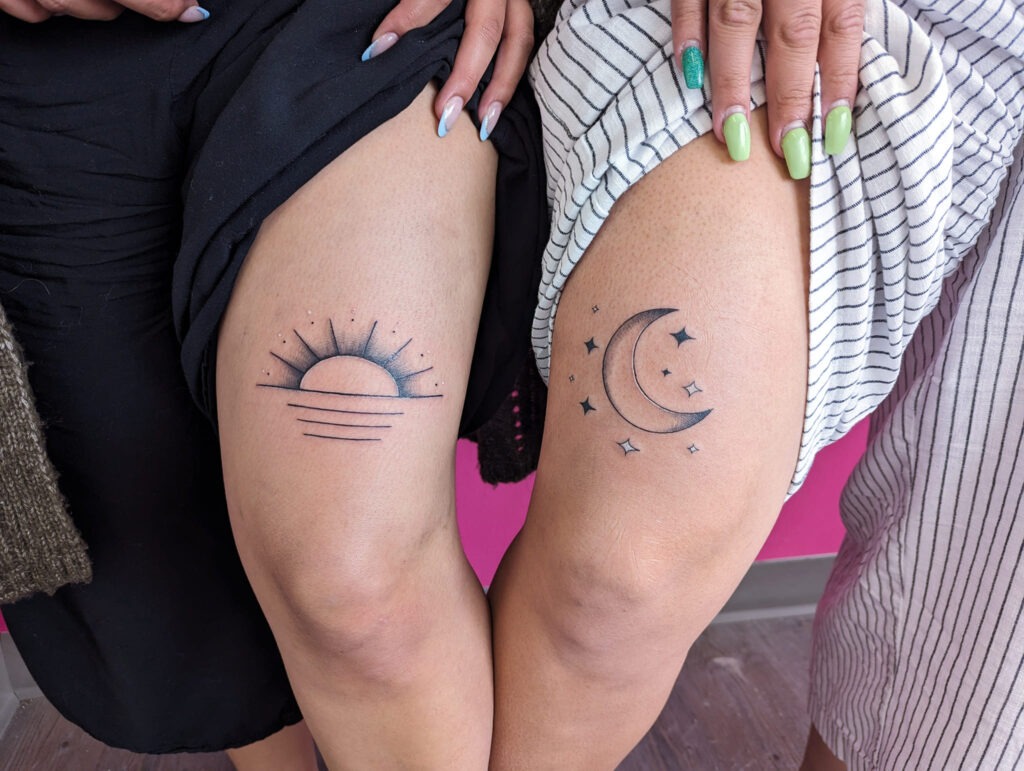 Minimalist Sun and Moon Couple Tattoos Tattoo Design