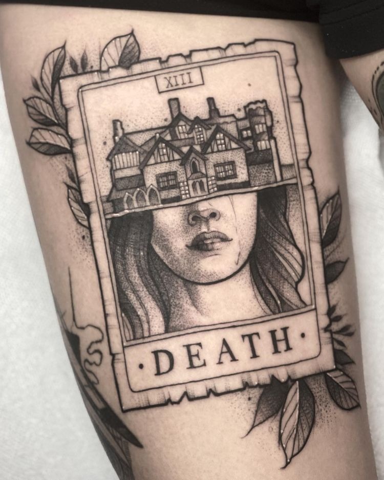 Death Card with Haunted Manor Tattoo Design