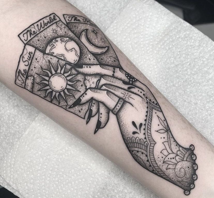 Fortune Reader’s Hand with Major Arcana Trio Tattoo Design
