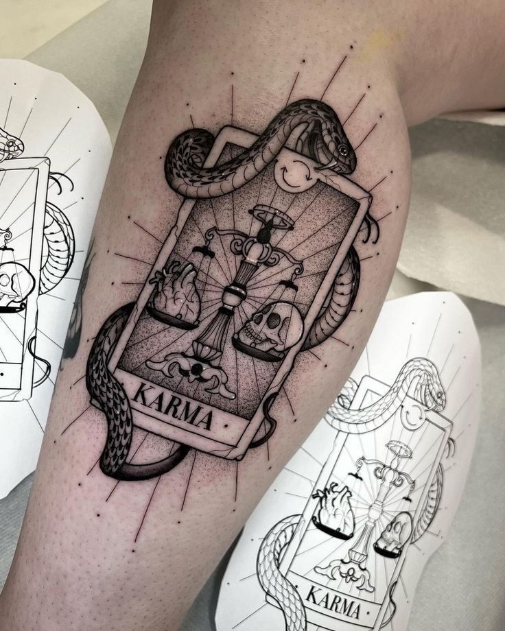 Karma Scales with Serpent Frame Tattoo Design