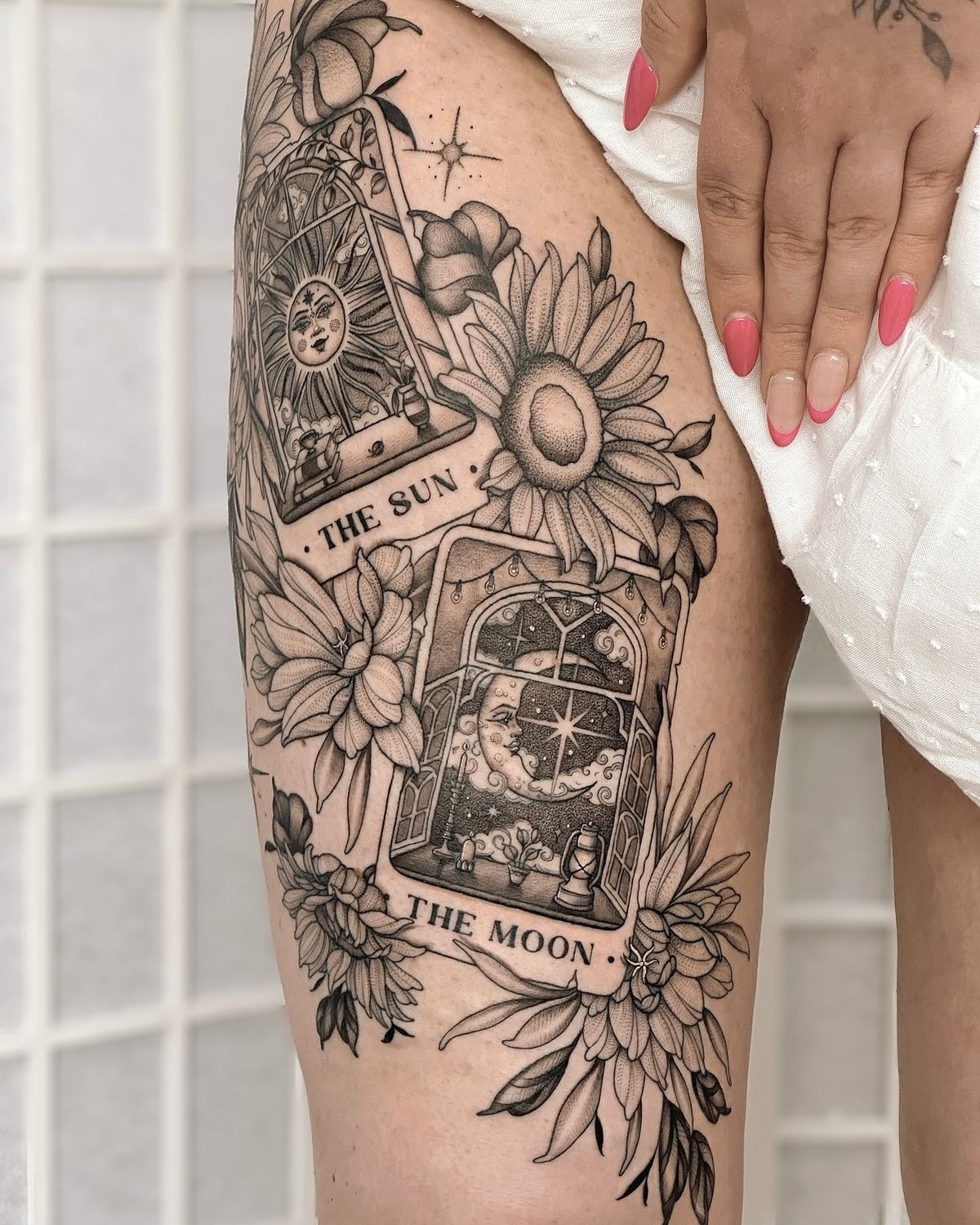 Sun and Moon Tarot Thigh Bouquet Tattoo Design