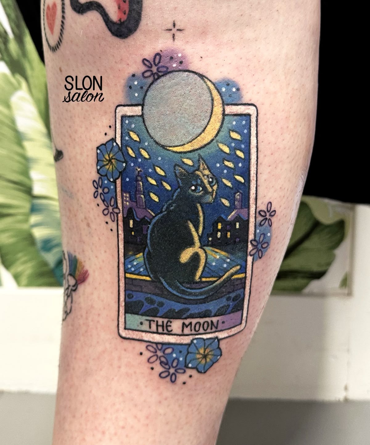 The Moon with Night-Watch Cat Tattoo Design