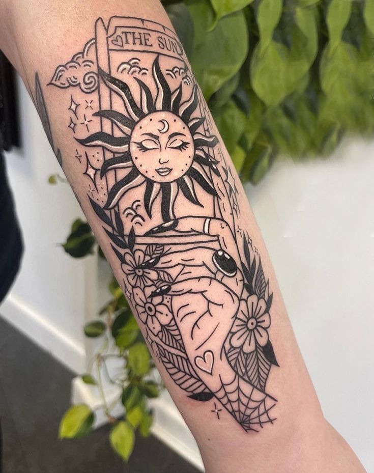 The Sun Card with Florals & Fortune Hand Tattoo Design