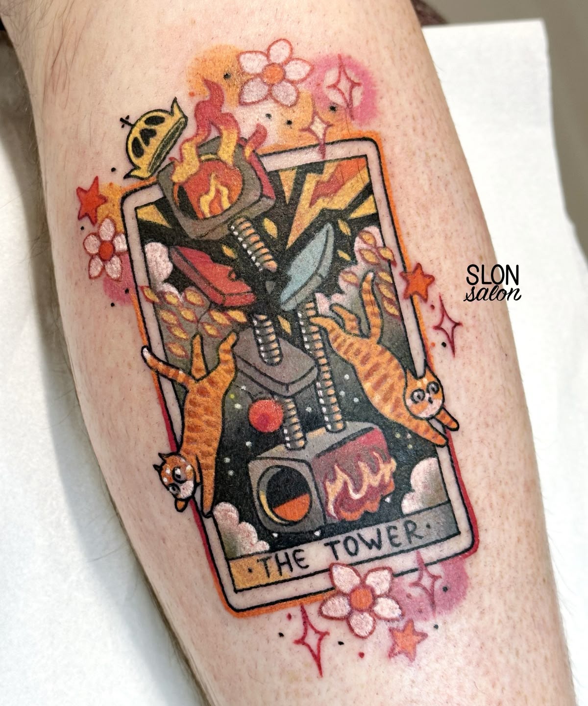 The Tower with Playful Cats Tattoo Design