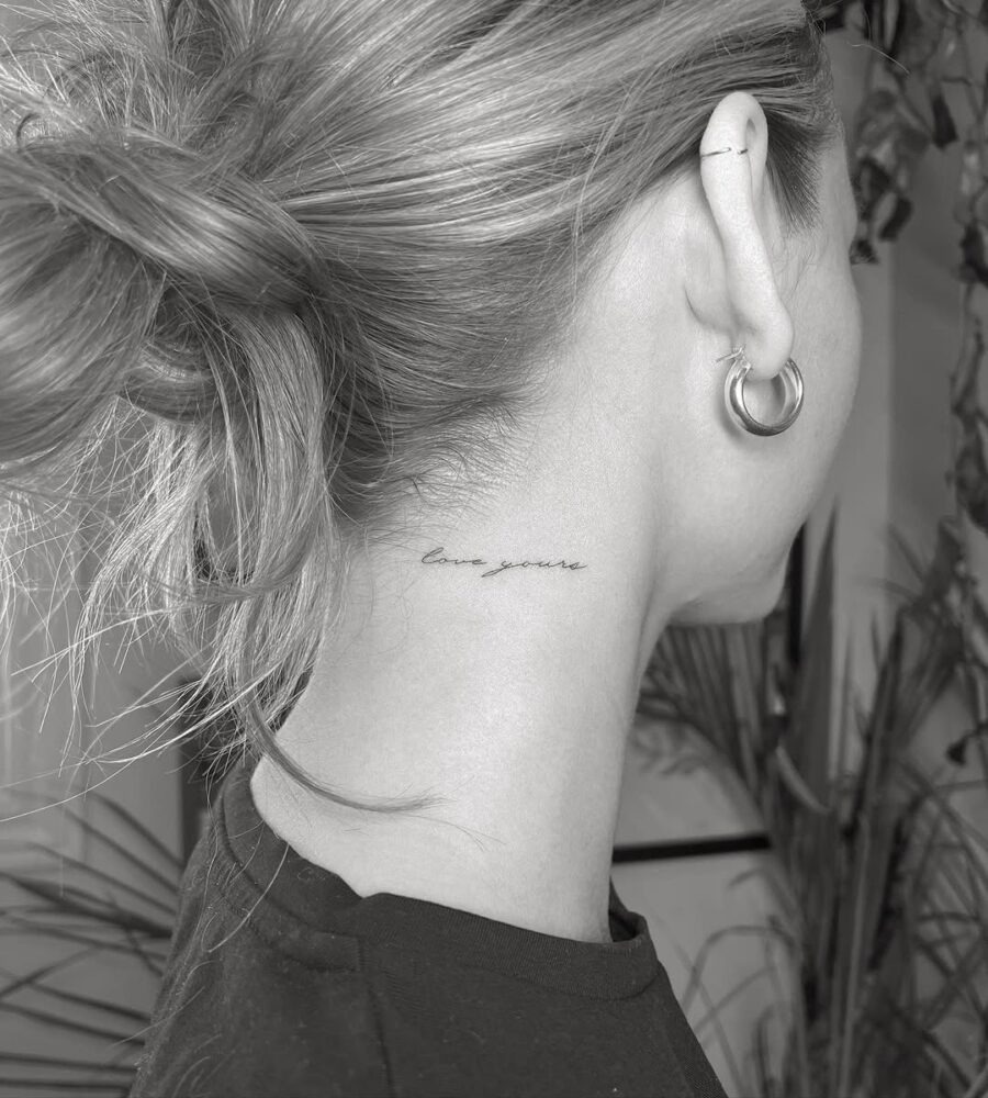 Elegant neck tattoo reading 'love yourself' Tattoo Design