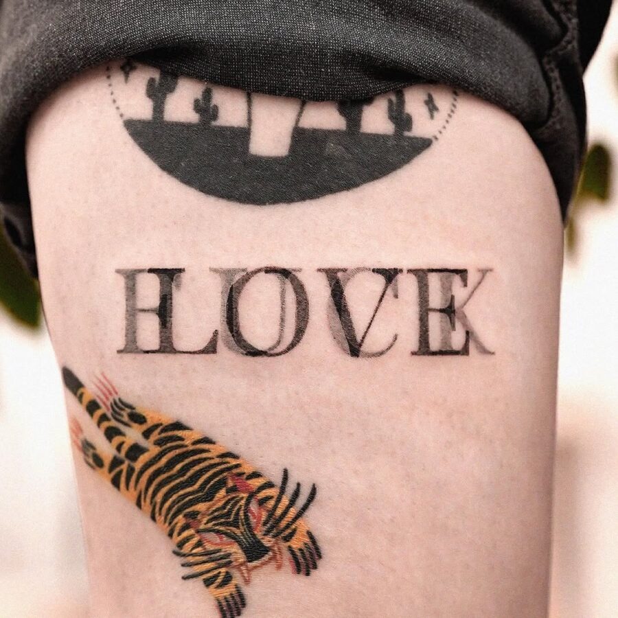 Stylish 'LOVE' Tattoo with Tiger Illustration Tattoo Design