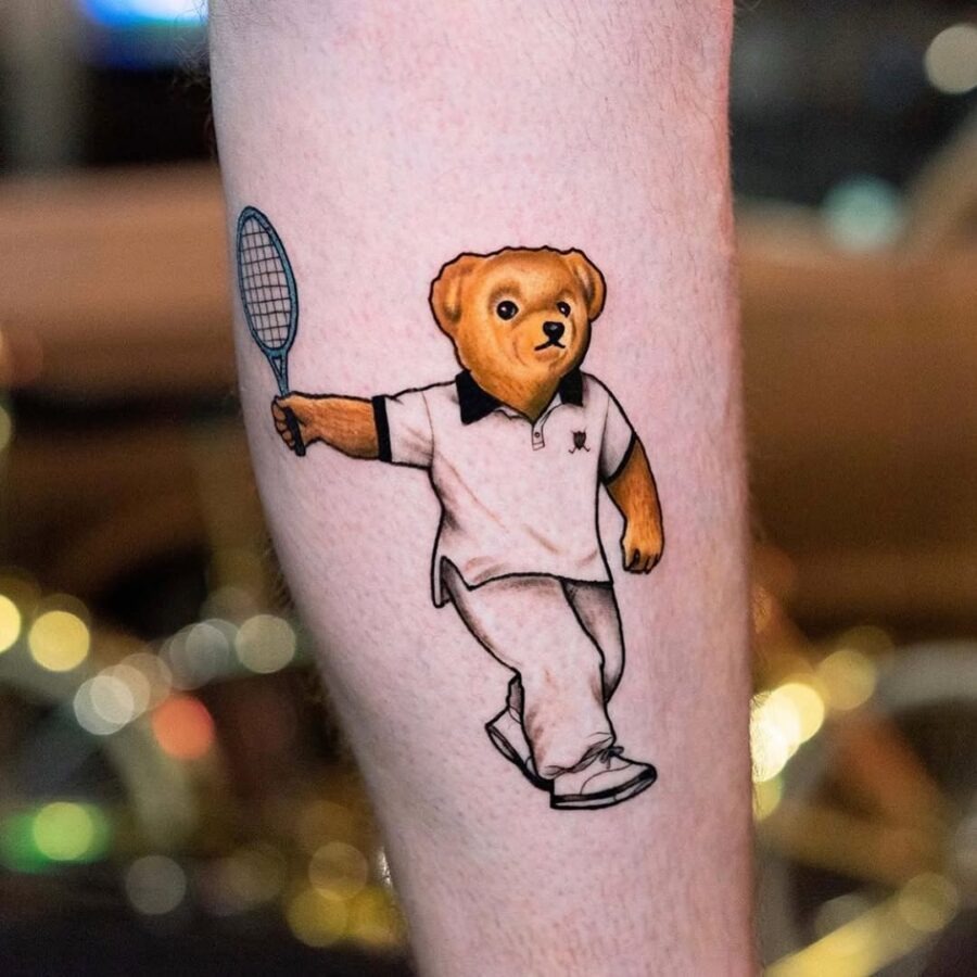 Adorable bear playing tennis tattoo design Tattoo Design