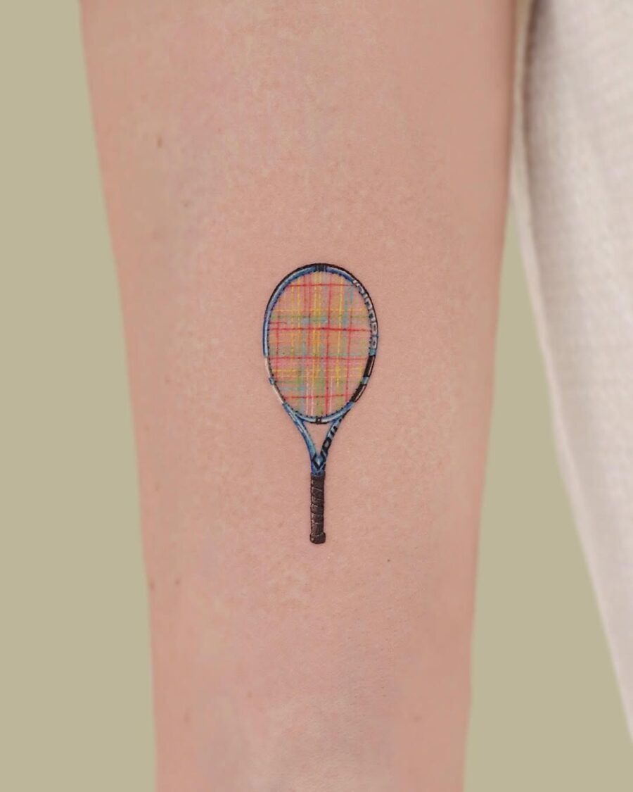 Creative tennis racket tattoo with plaid pattern Tattoo Design