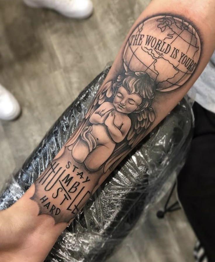 Angel and Globe Forearm Piece Tattoo Design